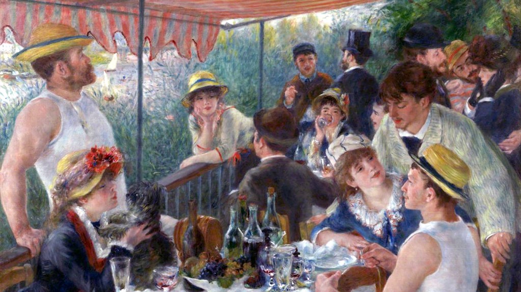 An oil painting by Pierre-Auguste Renoir depicting a group of friends relaxing on a sunlit balcony overlooking the Seine river. Some of the figures sit around a table cluttered with wine bottles, glasses, and fruit. Other people are standing. Everyone seems to be staring at someone else.

On The Shy Museumgoer website, the painting is a clever play on the popular phrase "It's not polite to stare" because the website encourages staring — or "close looking" as it is commonly referred to among museum professionals.